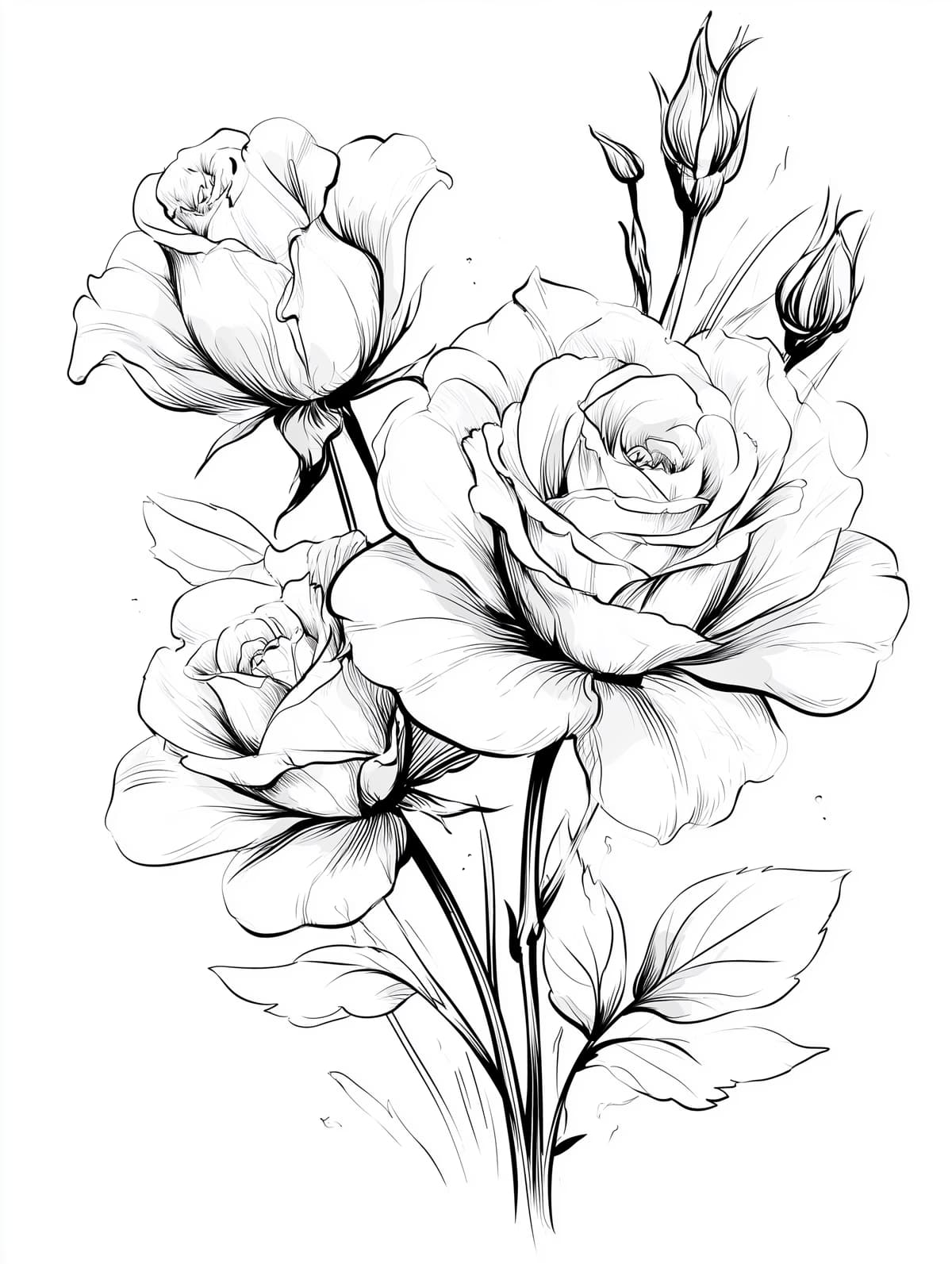 Blooming Roses with Buds Coloring Page