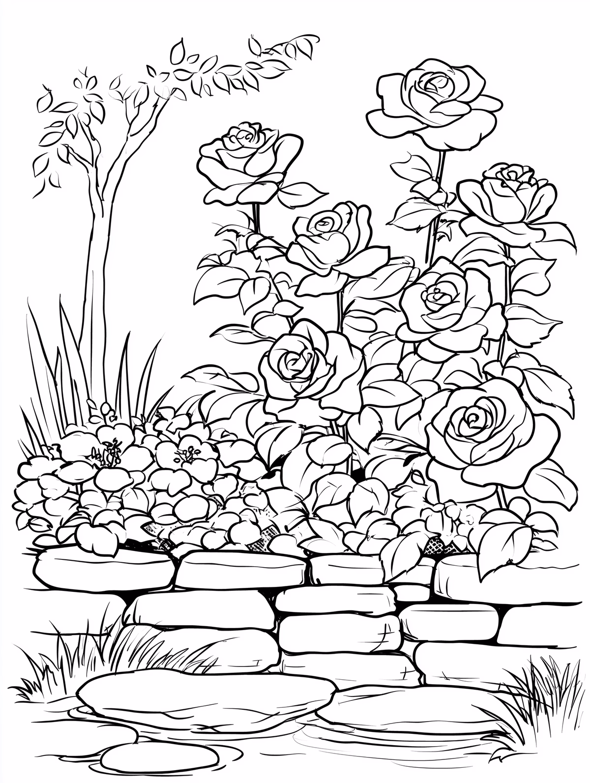 Garden Rose Bed with Stone Wall