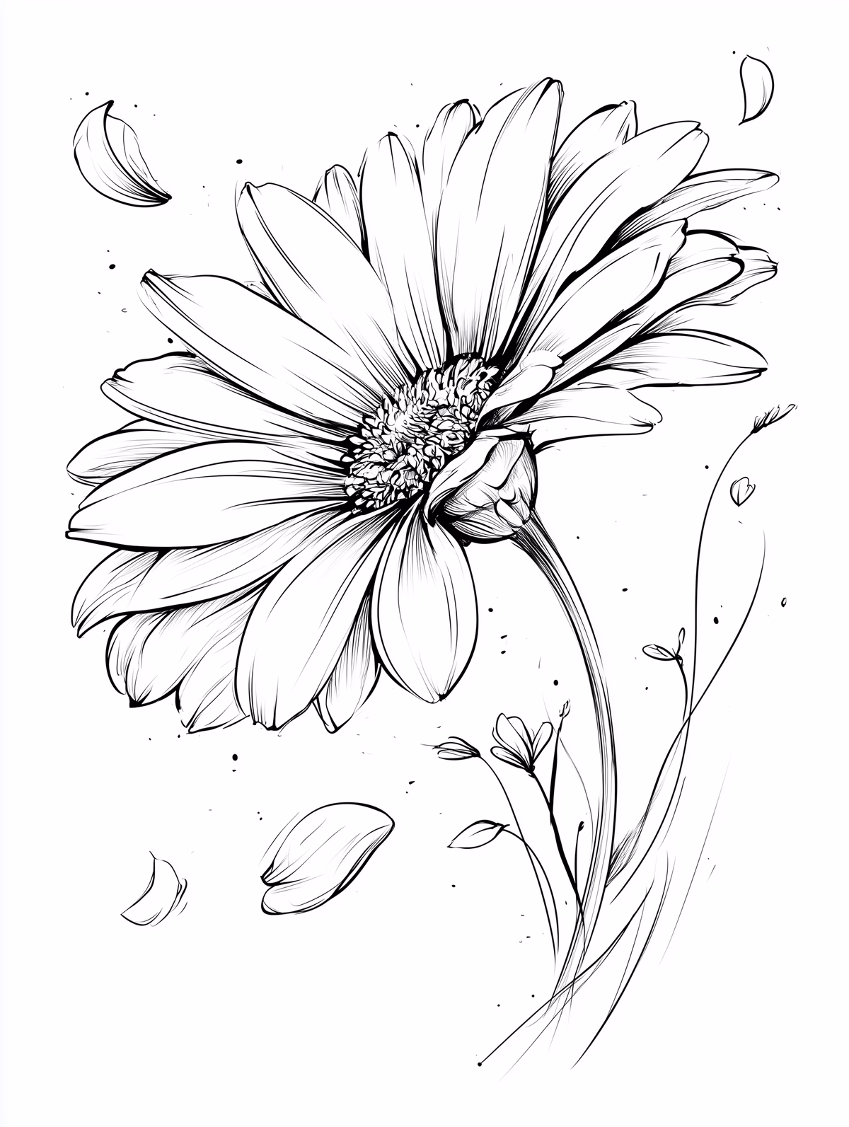 Gerbera Daisy with Stem Line Drawing