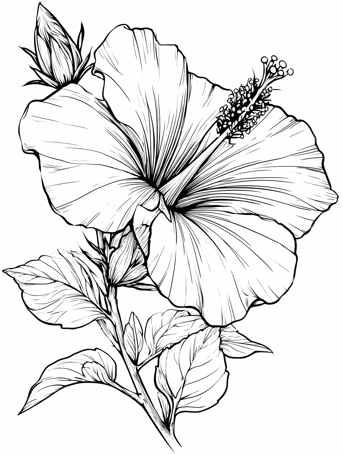 Hibiscus Flower with Buds and Leaves Coloring Page