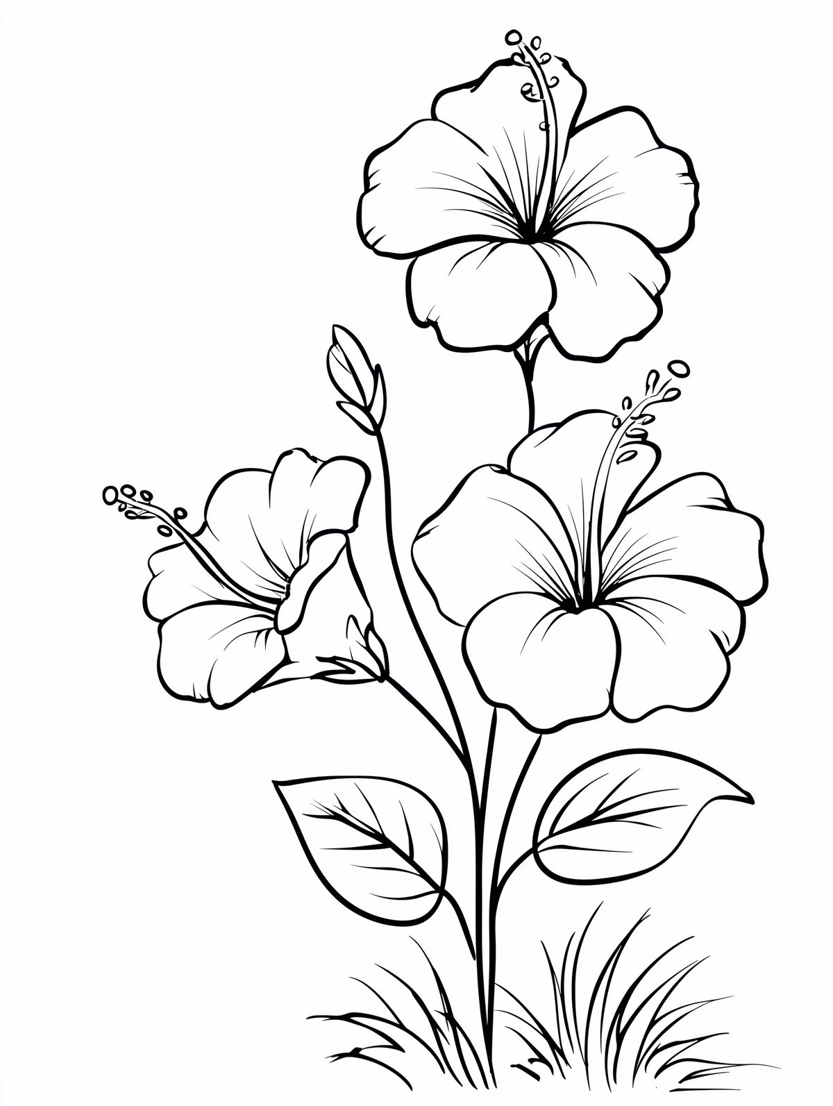 Hibiscus Flower with Leaves and Stems