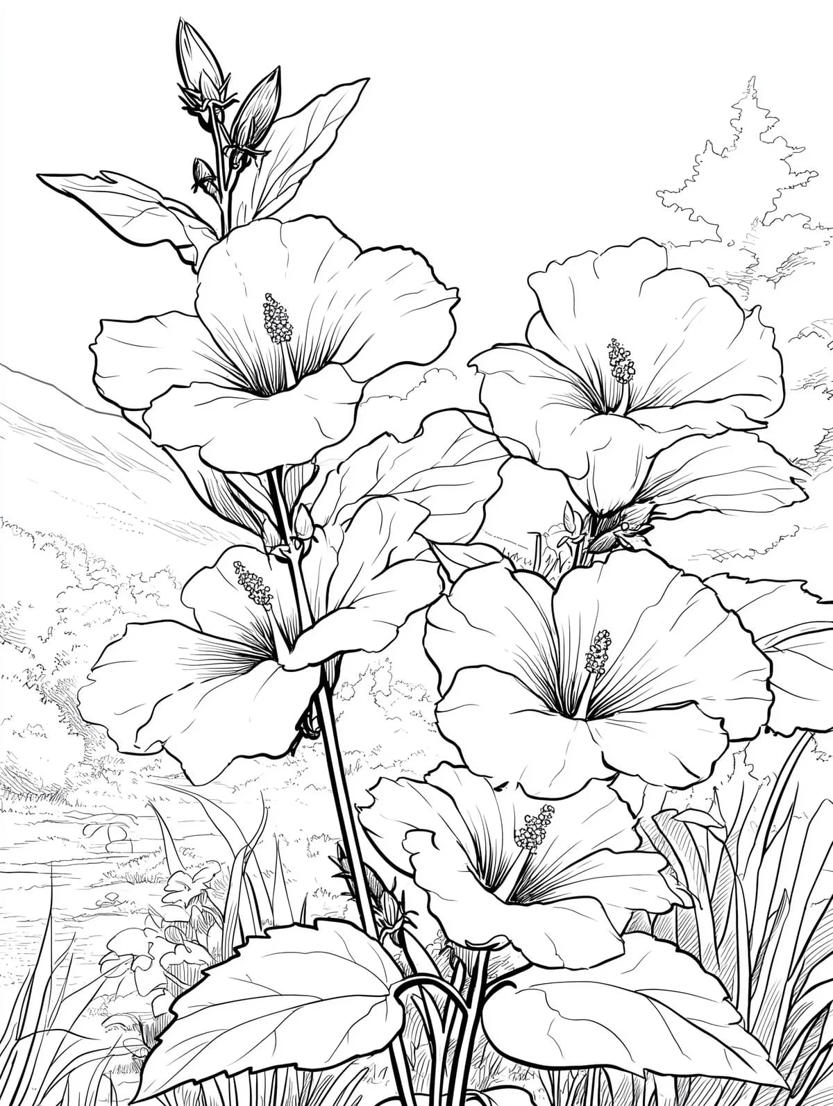 Hibiscus Flowers in Garden Scene