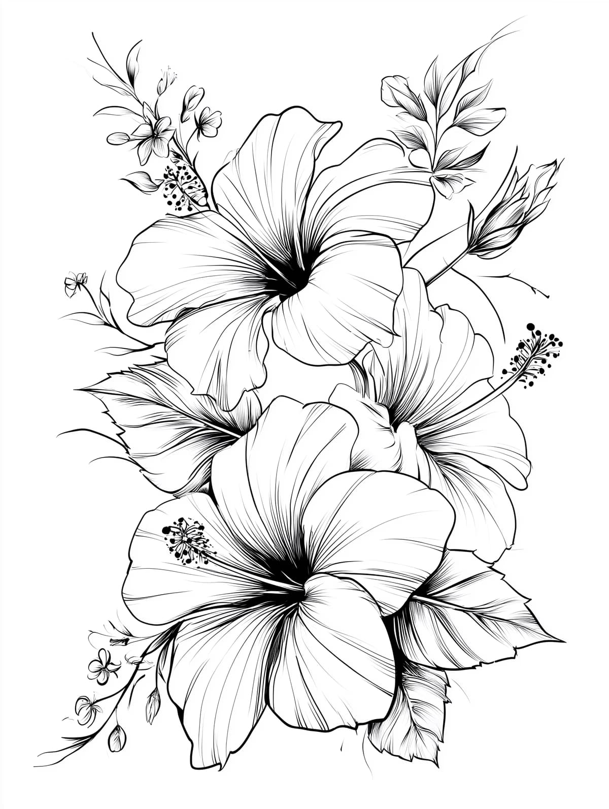 Hibiscus Flowers with Botanical Accents Coloring Page