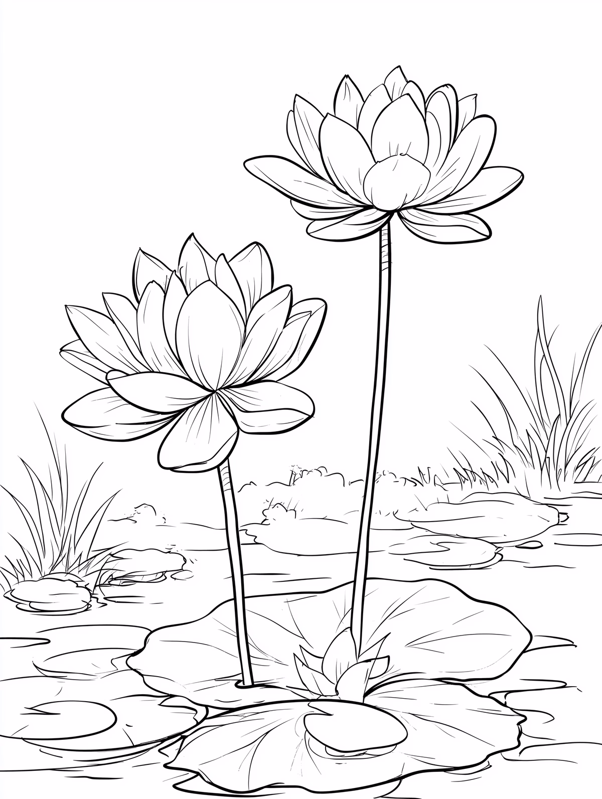 Lotus Flowers in Pond with Water Lilies