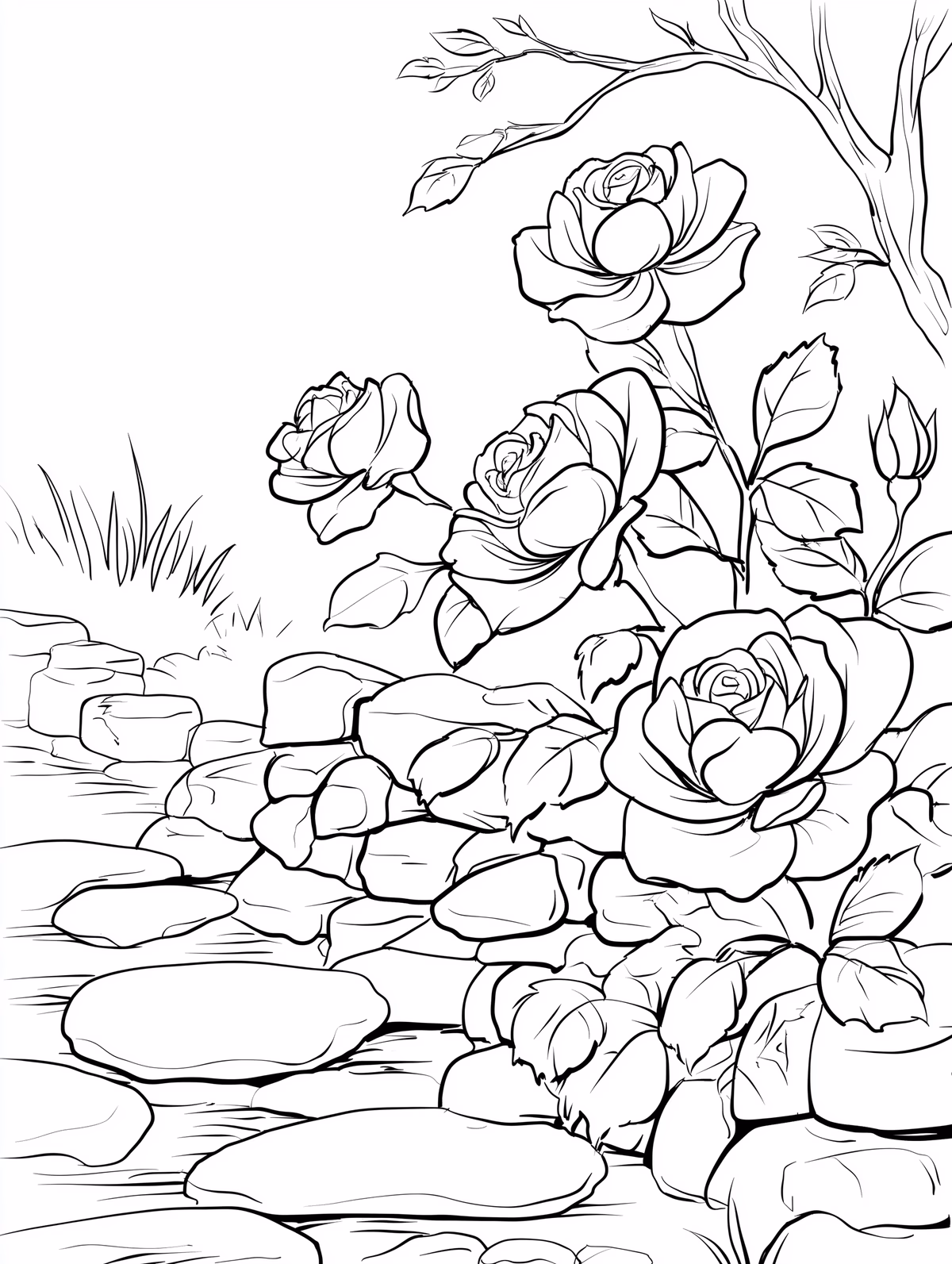 Rose Garden with Stones and Branches